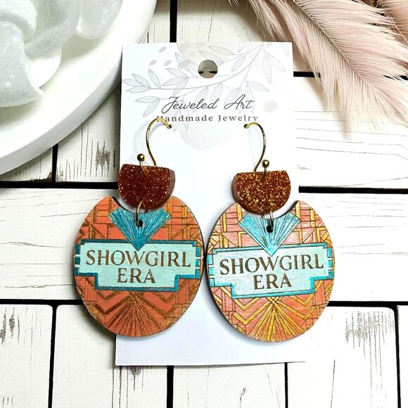 Pre-order Hand-Painted Showgirl Era Inspired Art Deco Glitter Wood Earrings - Picture 2 of 5